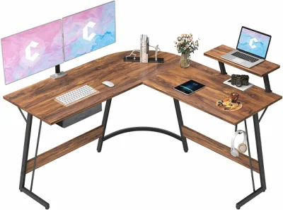 L-förmiger Schreibtisch, Computer-Eck-Gaming-Schreibtisch mit großem Monitorständer, 51,2-Zoll-Heimbüro-Schreibtisch, Arbeitsplatz mit Aufbewahrungsschublade, platzsparend, Dunkelbraun